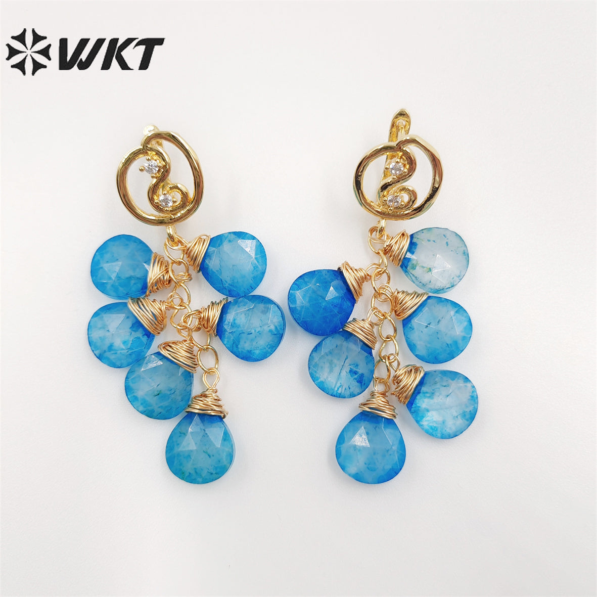WKT-E672 Amazing Handmade Fashion Wire Wrapped Water Drop Natural Chalcedony Stone Dangle Earrings Charming Women Jade Earrings