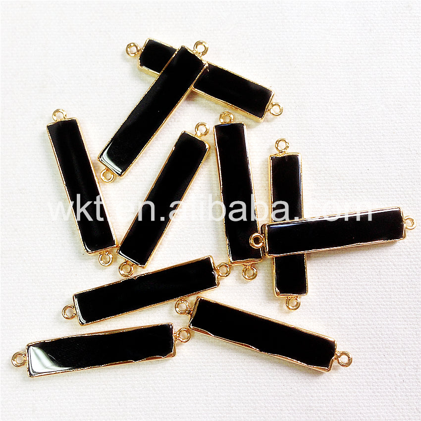 WT-C109 Amazing Long Black Agate bar Connector for Jewelry Making 24k Gold Plated Rectangle Black Agate Connector