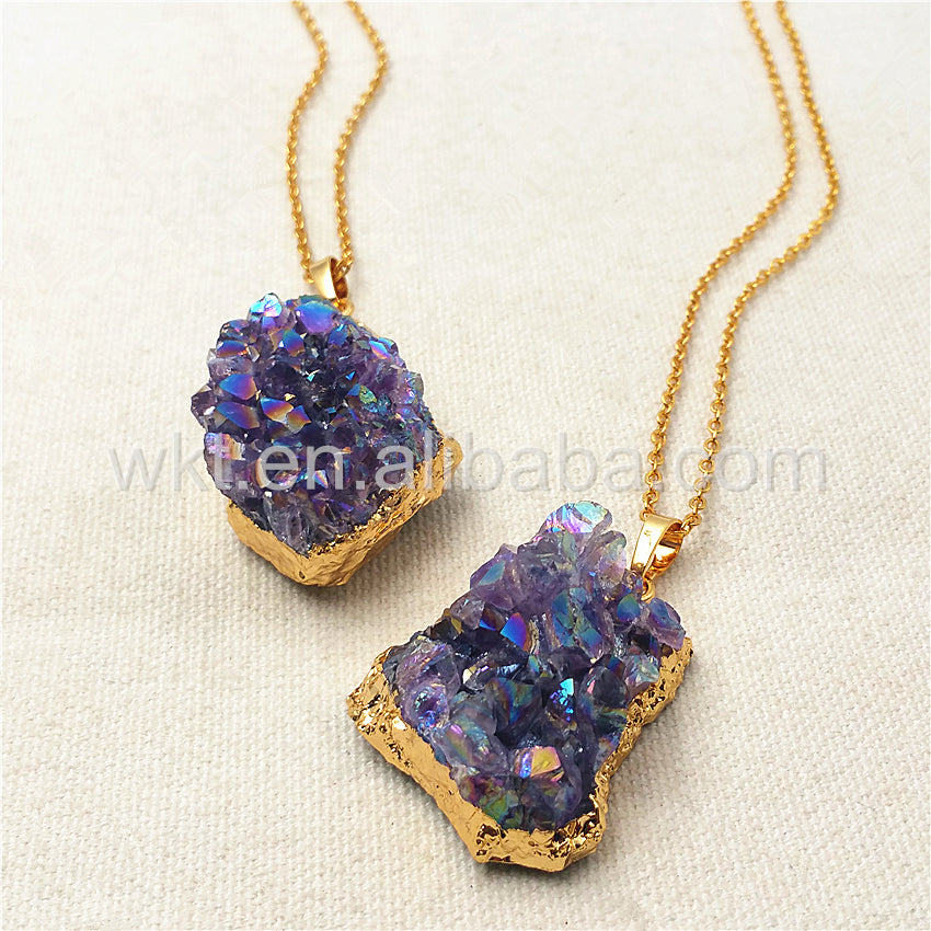 WT-N832 Amazing Natural Amethyst Cluster With Flame Angel Color Charm Necklace,Lovely Amethyst With Gold Plated Charm Necklace