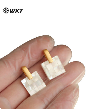 WT-MPE185 Exquisite Simple White And Colorful Splicing Square Mabe Shell Gold Earrings For Female Friends Jewelry Gift