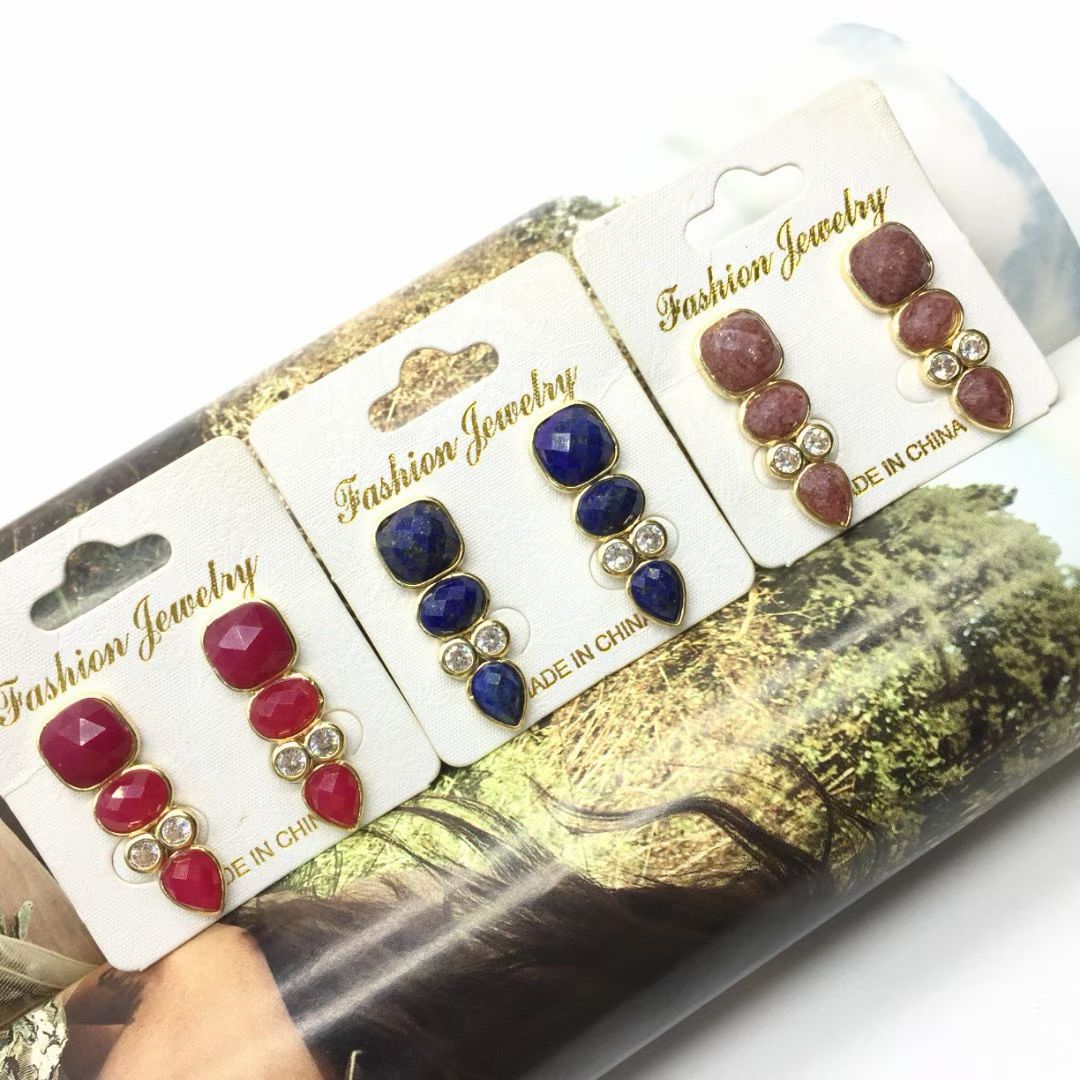 WT-E812 Newest Fashion Design Gold Plated Zircons And Three Natural Gemstones Drop Earrings As Lady Elegant Jewelry Gift