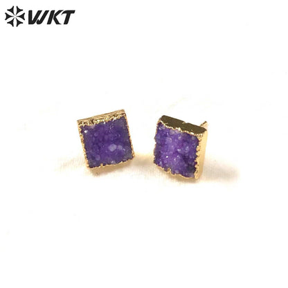 WT-E274 Wholesale Fashion Gold Plated Colorful Druzy Quartz Studs Earrings Natural Women 10mm square Stone Studs