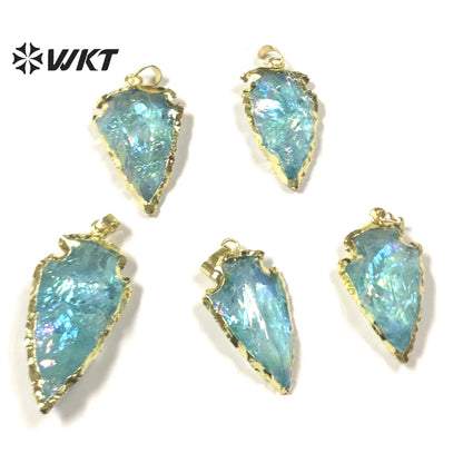 WT-P1776 WKT Original Design Natural Aqua Raw Crystal Quartz Pendants Arrowhead Blue Crystal Pendant Aqua Quartz Pendant