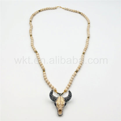 WT-N859 Fashion 8mm Cream Stone Beads Buffalo Head Necklace ,32" Beads Resin Buffalo Head Necklace in High Quality