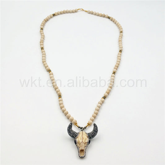 WT-N859 Fashion 8mm Cream Stone Beads Buffalo Head Necklace ,32" Beads Resin Buffalo Head Necklace in High Quality