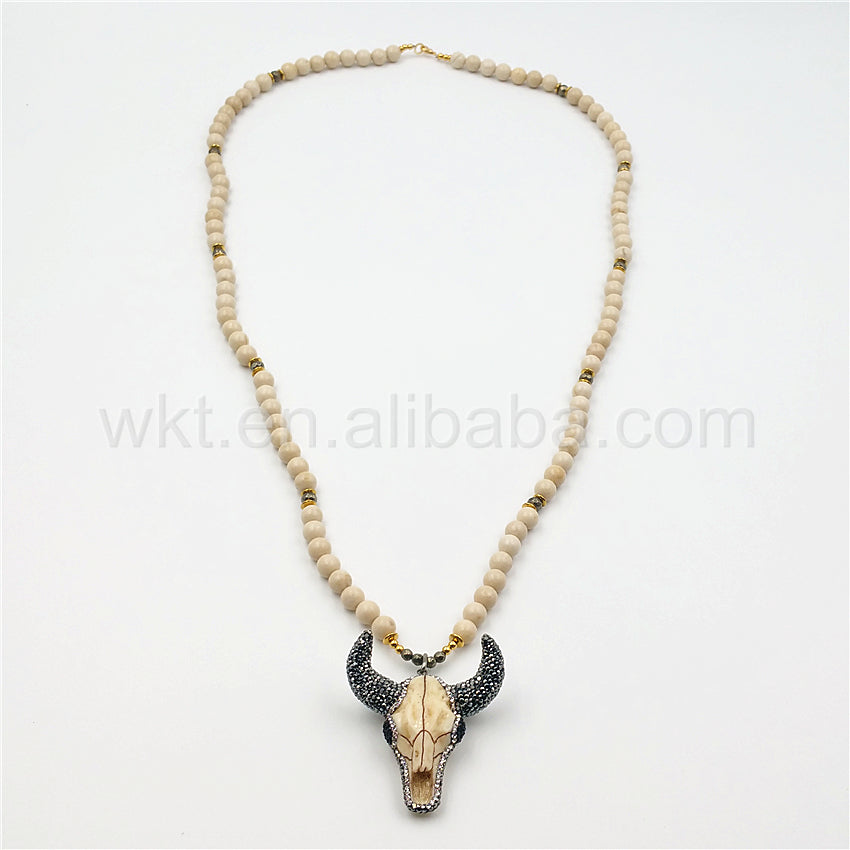 WT-N859 Fashion 8mm Cream Stone Beads Buffalo Head Necklace ,32" Beads Resin Buffalo Head Necklace in High Quality