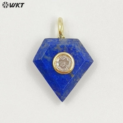 WT-P2052 New Arrival Zircon Gold Plated Rose Quartz Natural Gemstones Diamond Shape Charms Pendants For Handmade Gift Accessory
