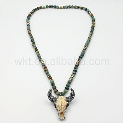 WT-N858 Wholesale 32" Beads Cattle Necklace Design Jewelry,8mm Africa Turquoise Beads Cattle Necklace Charm Rhinestone Paved