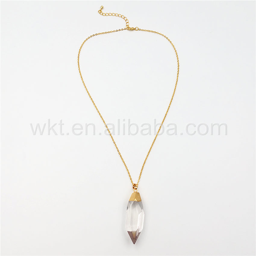 WT-N872 Amazing Clear Crystal Quartz Point Necklace for Holiday Gift,Natural Quartz With 24k Real Gold Plated Point Necklace