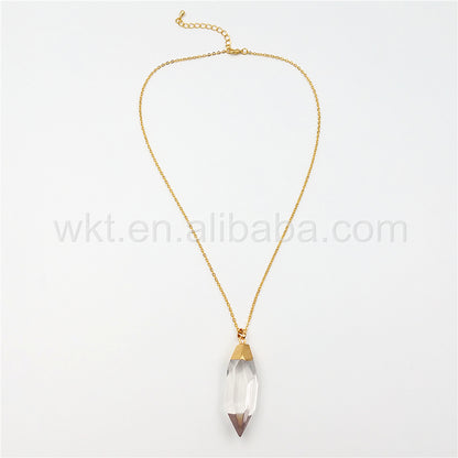 WT-N872 Amazing Clear Crystal Quartz Point Necklace for Holiday Gift,Natural Quartz With 24k Real Gold Plated Point Necklace