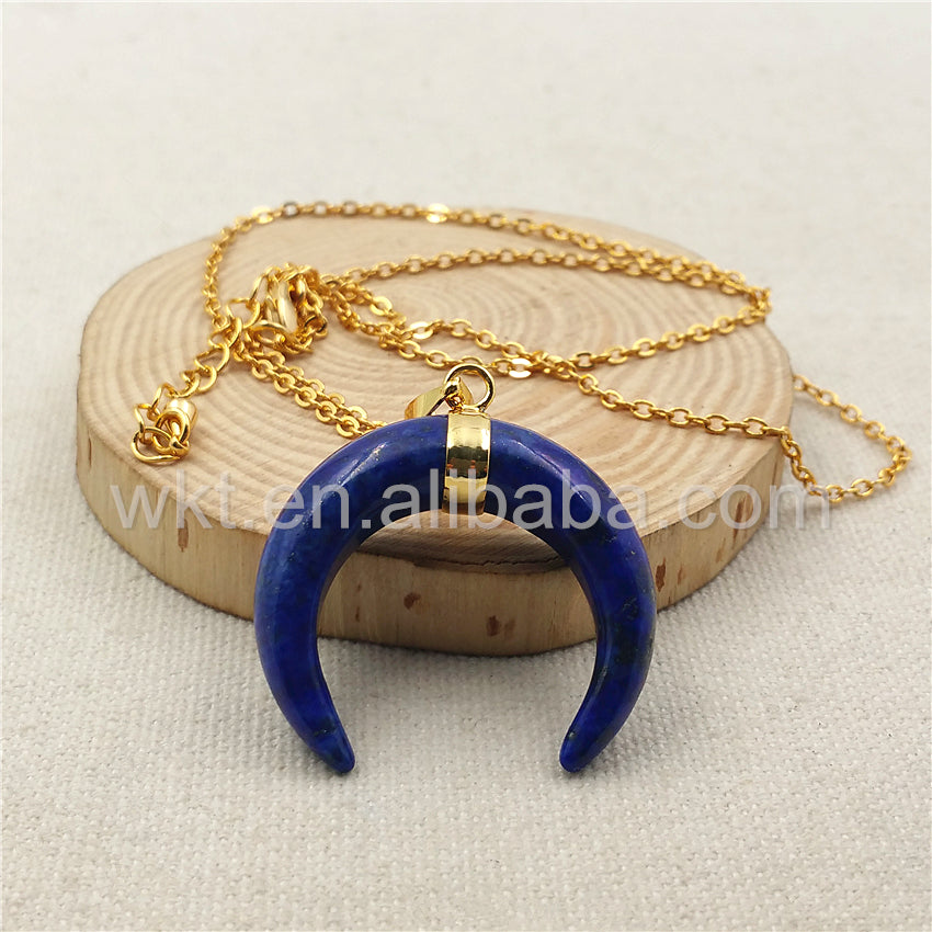 WT-N852 Newest Blue Lapis Stone Horn Necklace with 18" Gold Plated in High Quality Natural Stone Lapis Horn Necklace Wholesale