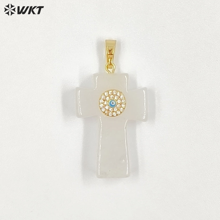 WT-P2046 Hot Sales Vintage Style Rose Quartz Multi Natural Gemstones With Zircon Cross Pendants For Women Fashion Jewelry Making