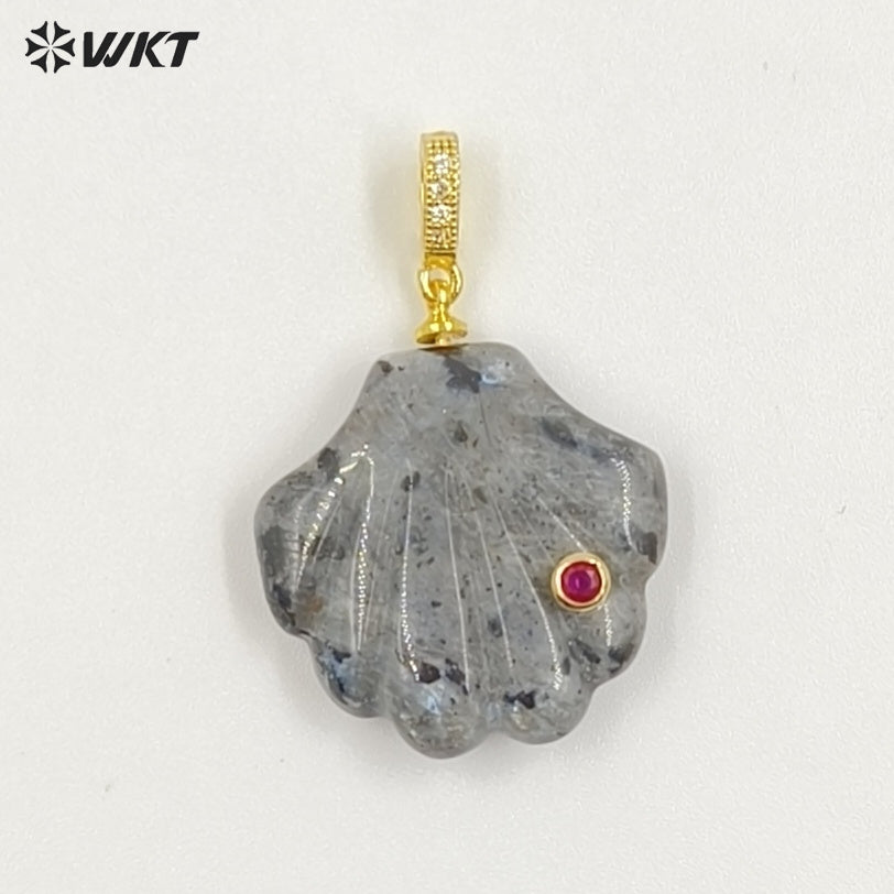 WT-P2097 Lovely Design Natural Gemstones And Colorful Zircon Hand Carved Shell Shape Little Pendants For Female Jewelry DIY