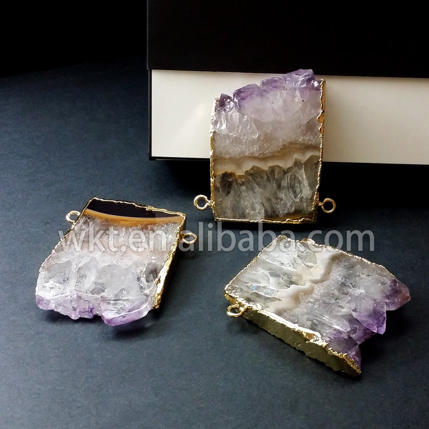 WT-P215 Super Hot Slice Natural Brazil Amethyst Stone Pendant 18k Real Gold Plated Double Loops Purple Stone Jewelry Pendants