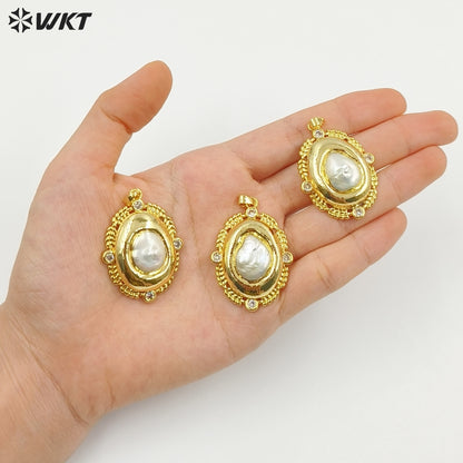 WT-JP455 Simple Design Back Full Gold Electroplated Natural Freshwater Pearl Round Pendants For Boutique Necklace Making