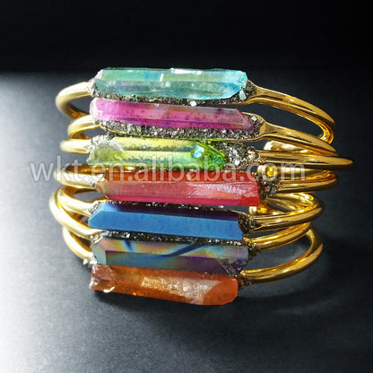 WT-B212 Fashion Vintage Trendy Amazing Aura Crystal Quartz Bangle Bracelet,Fashion Titanium Electroplated Quartz Bracelet
