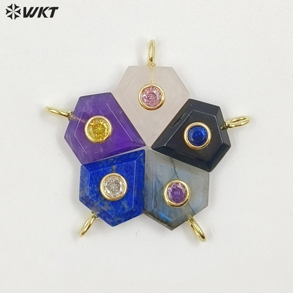WT-P2052 New Arrival Zircon Gold Plated Rose Quartz Natural Gemstones Diamond Shape Charms Pendants For Handmade Gift Accessory