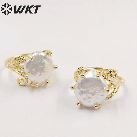 WT-MPR049 Unique Fashion Gold Plated Prong Setting Women Pearl Ring Delicate Round Coin Pearl Anneversary Gift Ring for Wife