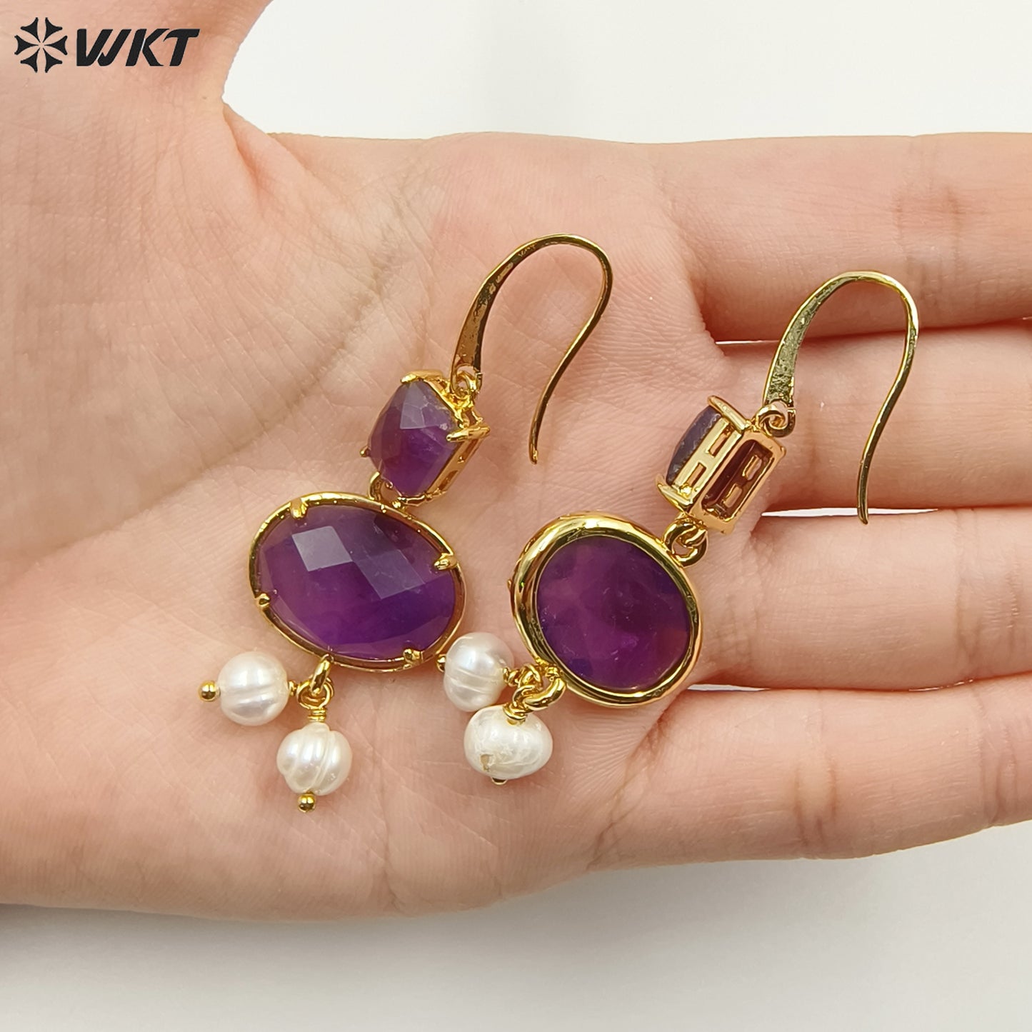 WT-MPE110 Bohemia Elegant Natural Pearl and Stone 18k Gold Plated Gift for Women Weeding 58mm Romantic Pendant Earrings