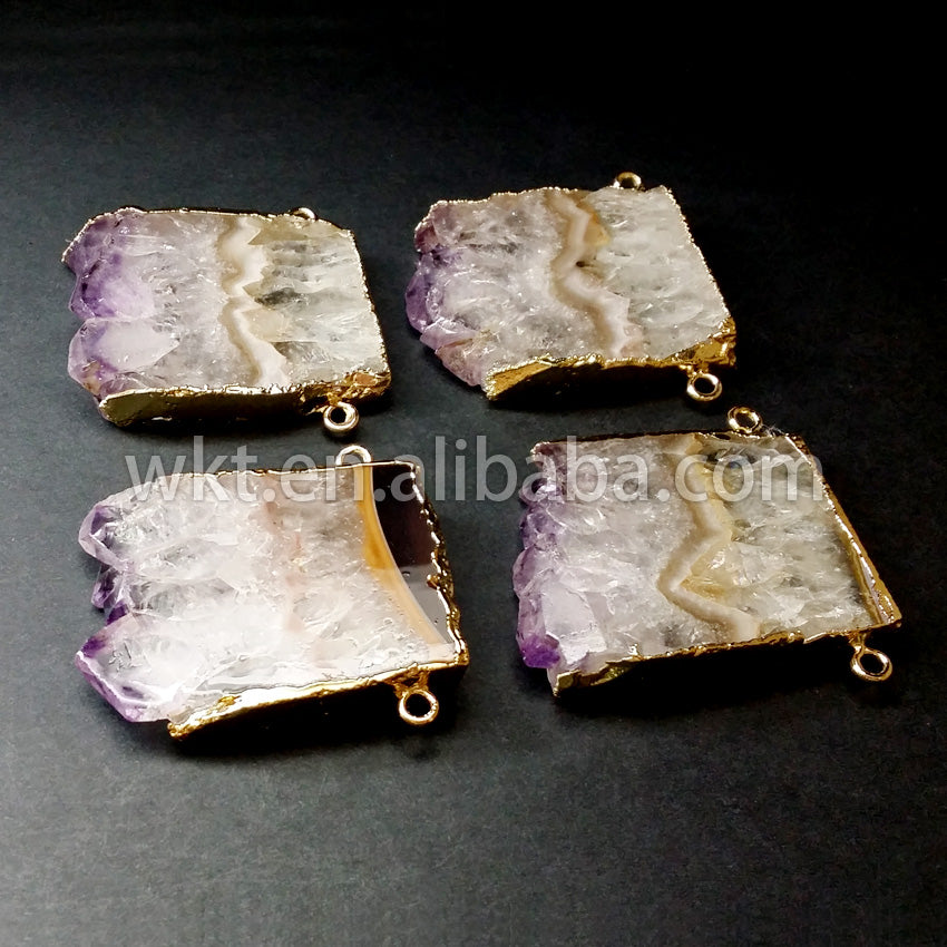 WT-P215 Super Hot Slice Natural Brazil Amethyst Stone Pendant 18k Real Gold Plated Double Loops Purple Stone Jewelry Pendants
