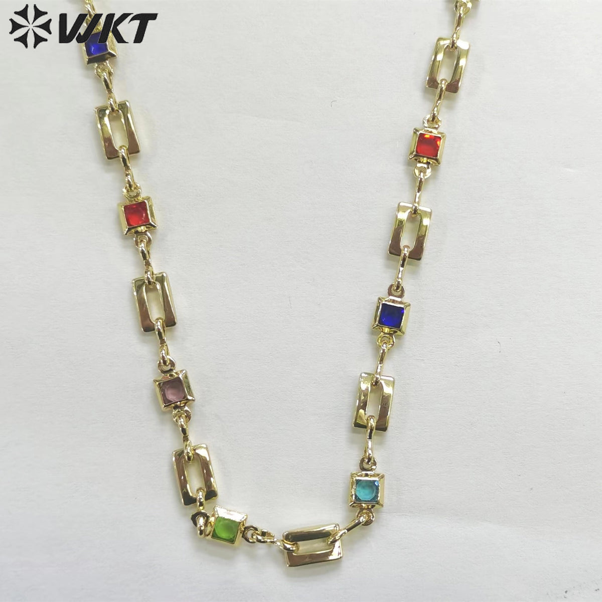 WT-RBC212 Wholesale Fashion Gold Plated Resist Tarnishable Colorful Cubic Zircon Chain square Cz Jewelry Necklace Chain