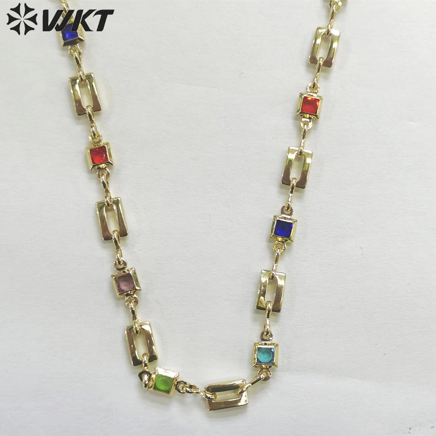 WT-RBC212 Wholesale Fashion Gold Plated Resist Tarnishable Colorful Cubic Zircon Chain square Cz Jewelry Necklace Chain