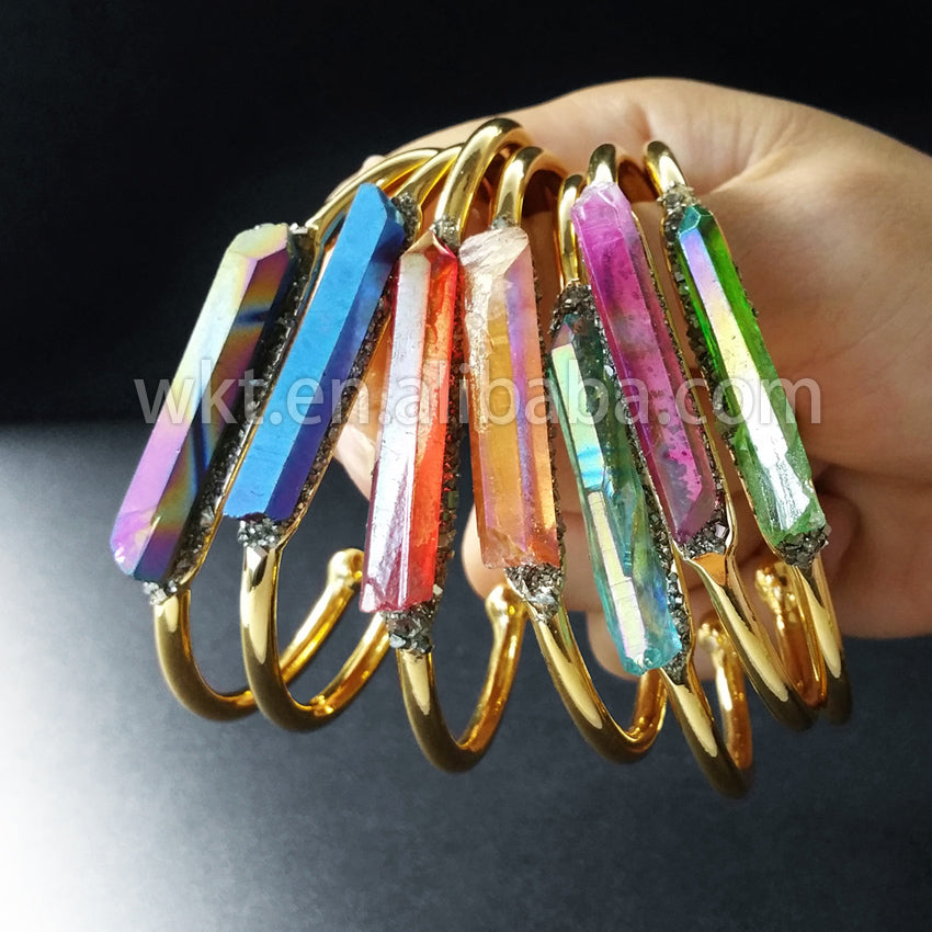 WT-B212 Fashion Vintage Trendy Amazing Aura Crystal Quartz Bangle Bracelet,Fashion Titanium Electroplated Quartz Bracelet