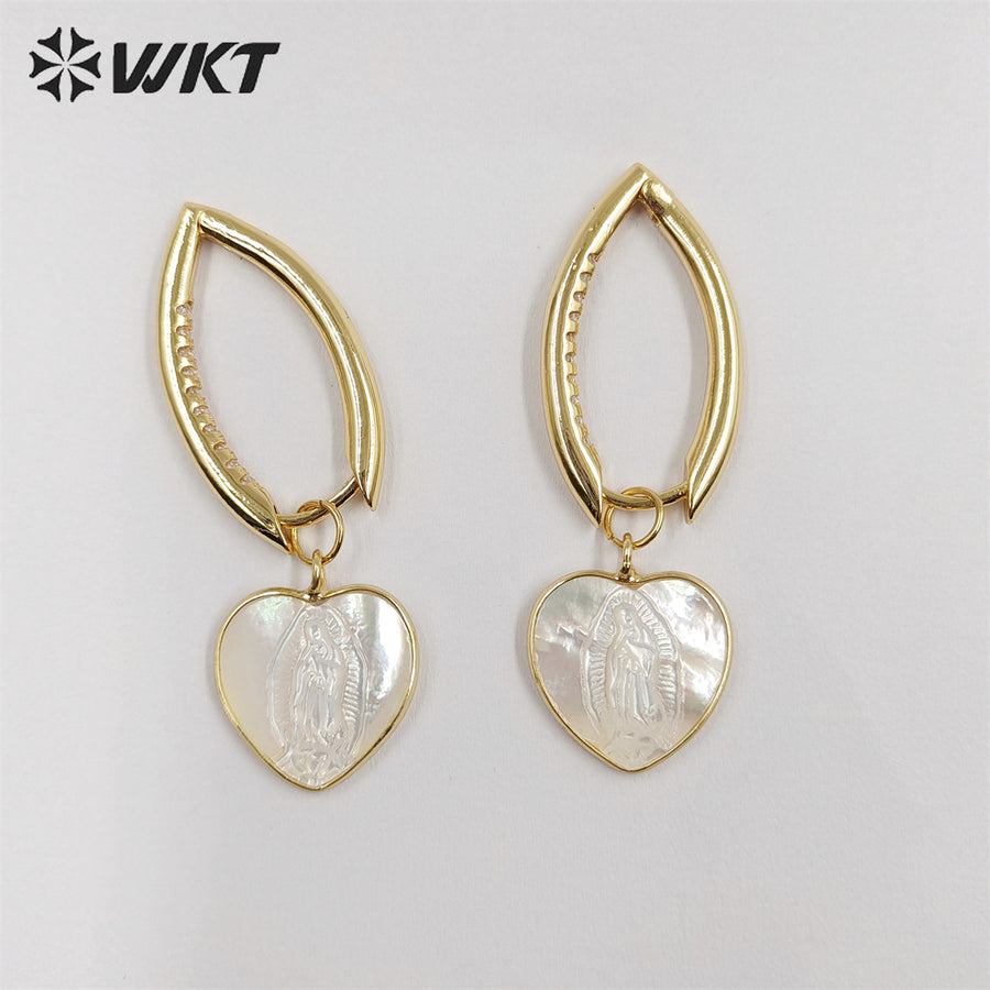WT-MPE090 WKT Unique Gold Metal Long Hoop Natural Mop Heart Shell Earrings Religion Women Virgin Mary Earrings