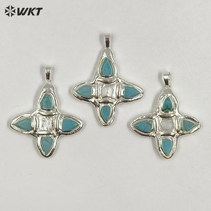 WT-P2010 Popular Sales Gold Plated Natural Gemstones Amazonite Amethyst Stone With Pearl Cross Shape Pendant For Jewelry DIY
