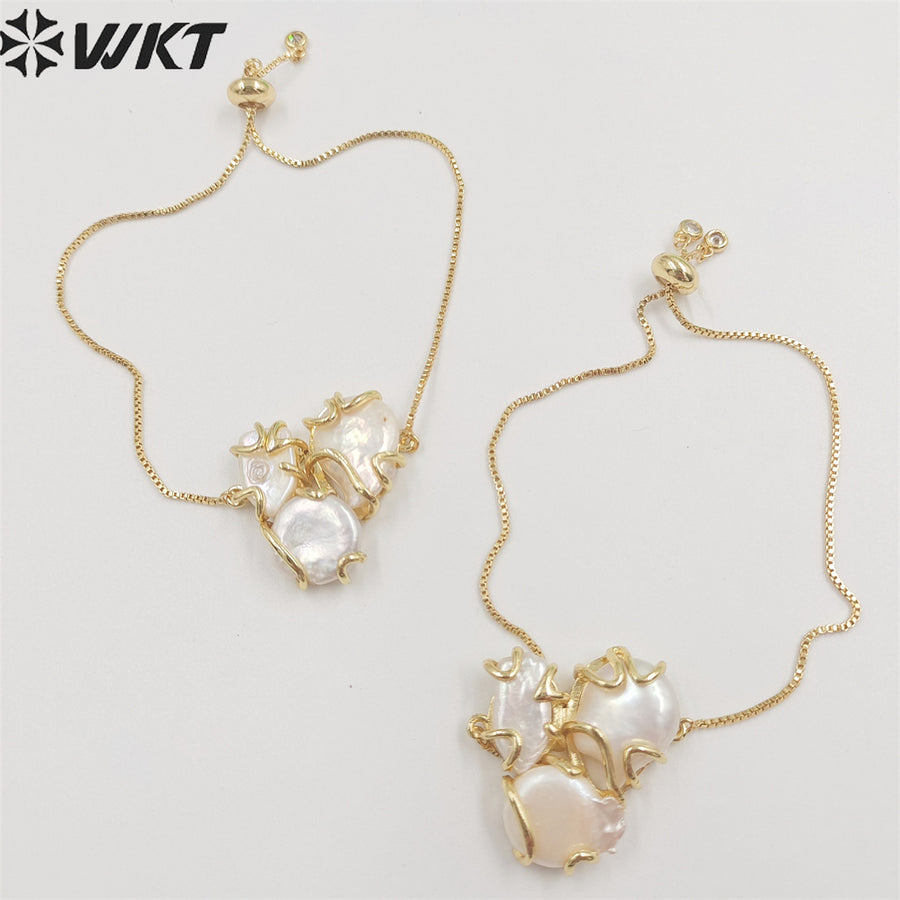WT-MPB056 Women Elegant Fashion Gold Plated Freshwater Pearl Bracelets in Adjustable Size Unique Gold White Triple Pearl