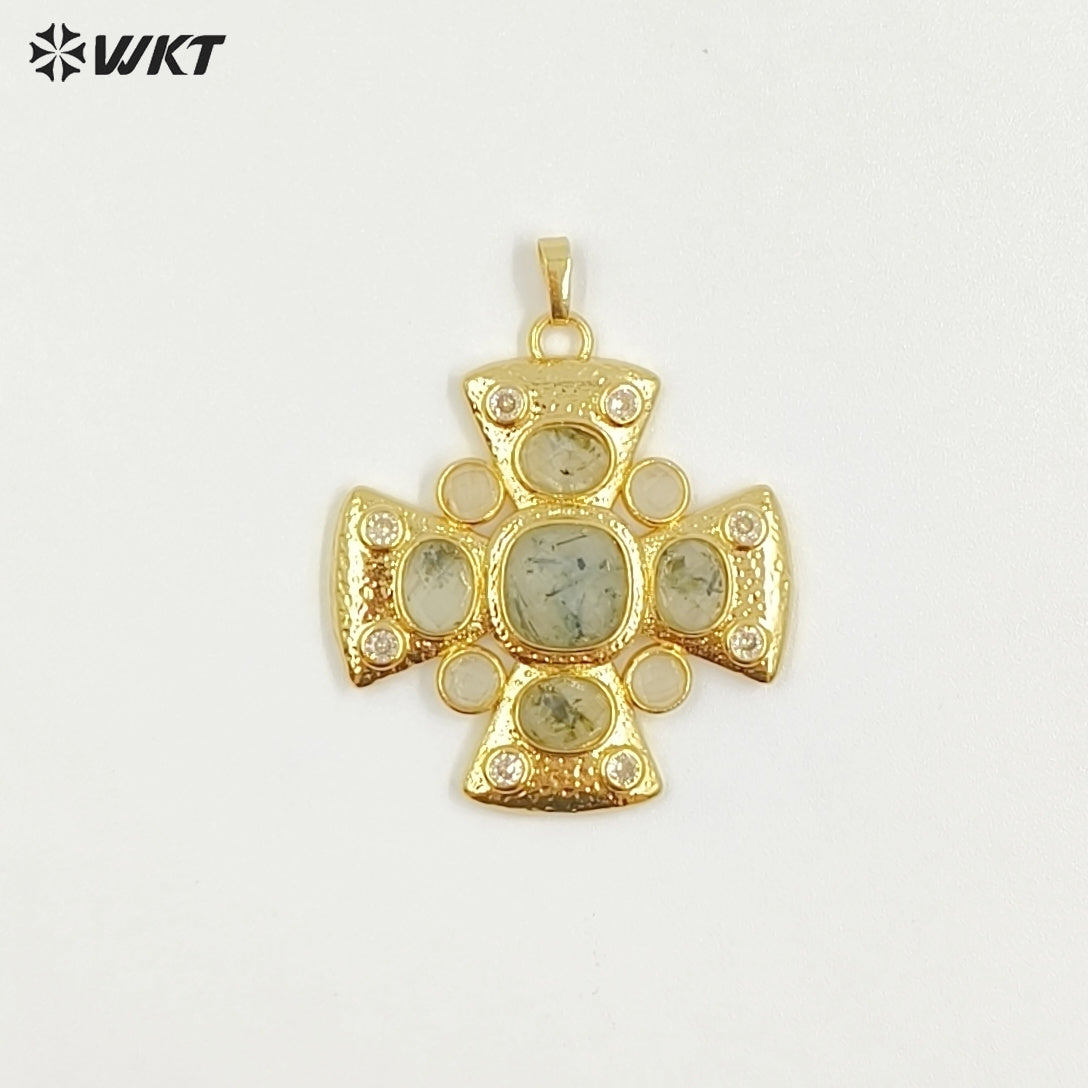 WT-MP318 Wholesale Amazing Gold Plated Zircon and Natural Labradorite Lapis Gemstones Cross Pendants For Luxury Jewelry Making