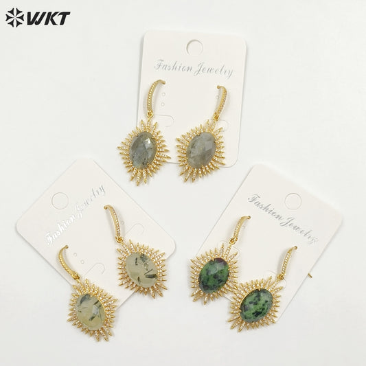 WT-ME094 Wholesale Newest Fashion Light Luxury Natural Gemstone Oval Shaped Micro Paved Earrings Studt