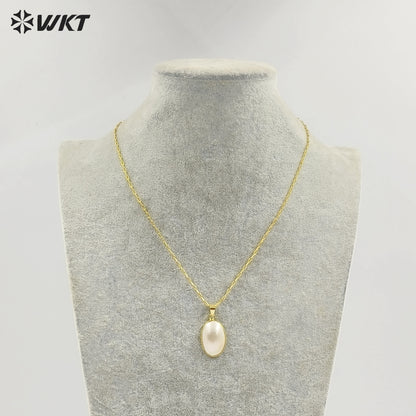 WT-JN384 Wholesale Simple Style Gold Electroplated Oval Mabe Shell Pendant Necklaces For Women Fashion Jewelry Matching