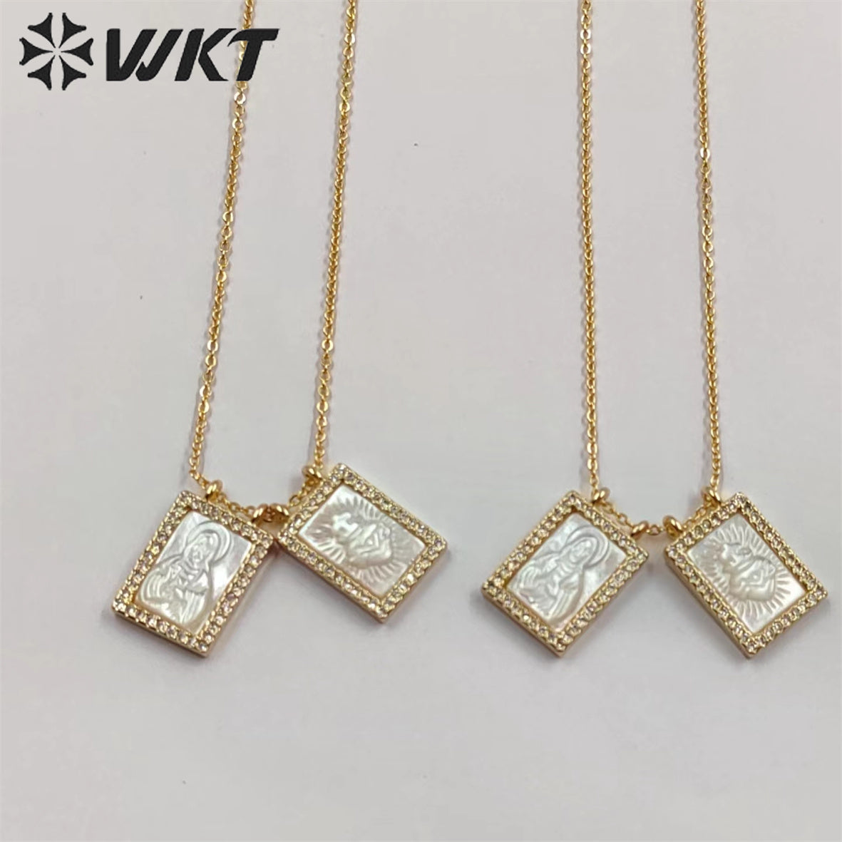 WT-JN220 Super Hot Fashion Double Charms Micropaved CZ Setting Mother of Pearl Shell Necklace 18k Gold Religion Maria Necklace