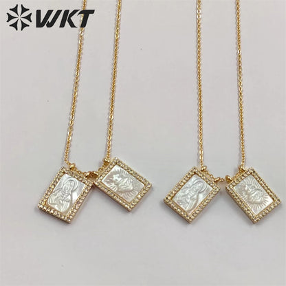 WT-JN220 Super Hot Fashion Double Charms Micropaved CZ Setting Mother of Pearl Shell Necklace 18k Gold Religion Maria Necklace