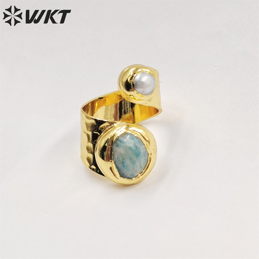 WT-R438 Amazing Hot Double Stone Ring for Women 18k Real Gold Plated Resist Tarnishable Amazonist Pearl Ring for Birthday