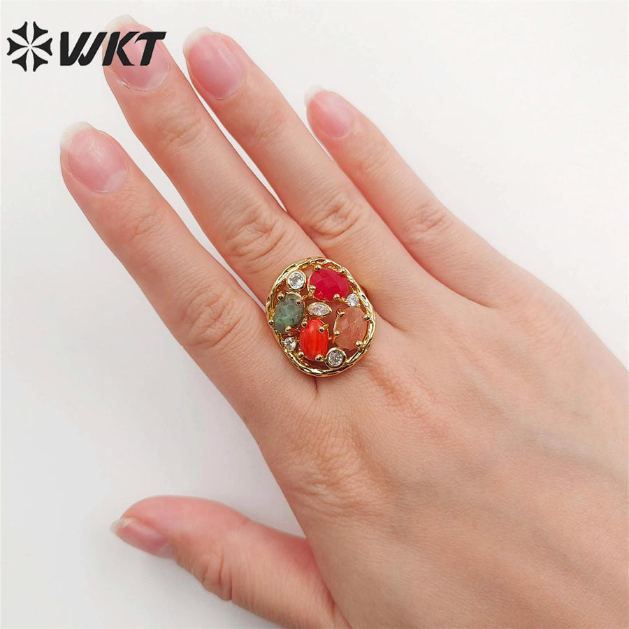 WT-R462 Amazing Handmade Claw Setting Natural Stone Women Ring 18k Real Gold Plated INS Hot Designer Wedding Ring