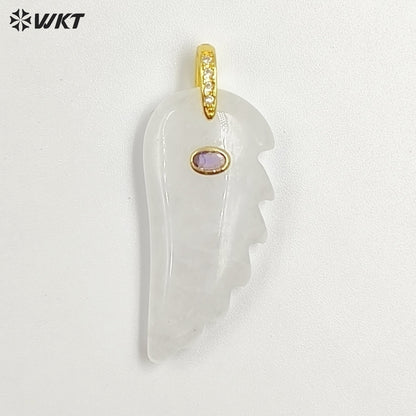 WT-P2061 Amazing Vaious Natural Gemstones And Zircon Carve Feather Shape Pendants As Female Cute Earrings DIY Accessory