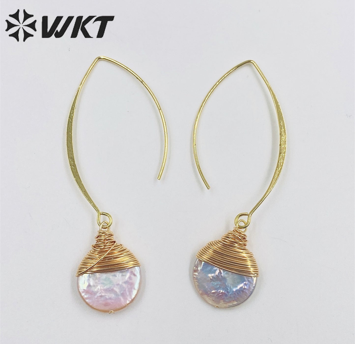 WT-E542 New Design Elegant White Pearl With Brass Wire Wrapped Pendant Earrings Natural Freshwater Pearl Earring