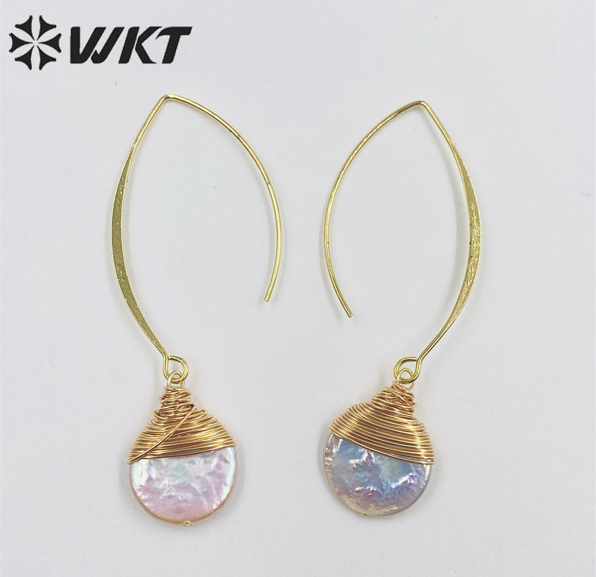WT-E542 New Design Elegant White Pearl With Brass Wire Wrapped Pendant Earrings Natural Freshwater Pearl Earring