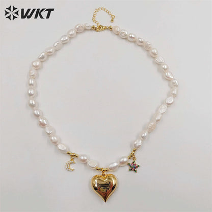 WT-JN231 Wholesale Fashion Gold Hand Strand Freshwater Pearl Beads Necklace 16 Inch Long Choker Lovely Bear Heart Necklace
