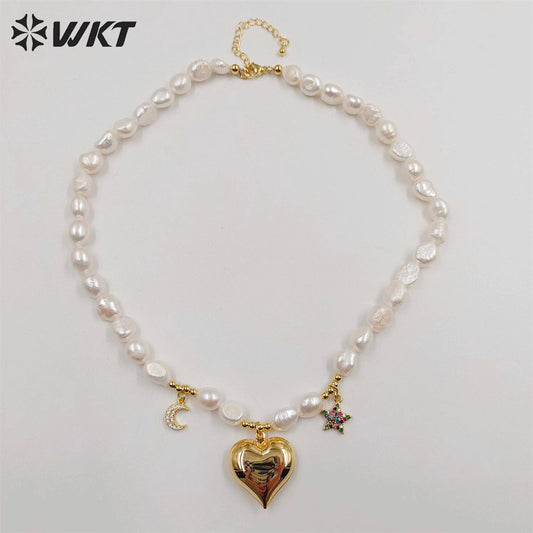 WT-JN231 Wholesale Fashion Gold Hand Strand Freshwater Pearl Beads Necklace 16 Inch Long Choker Lovely Bear Heart Necklace