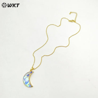WT-N771 Wholesale Hot Shape Natural Paua Shell Crescent Horn Necklace 18k Real Gold Plated Abalone Crescent Horn Necklace