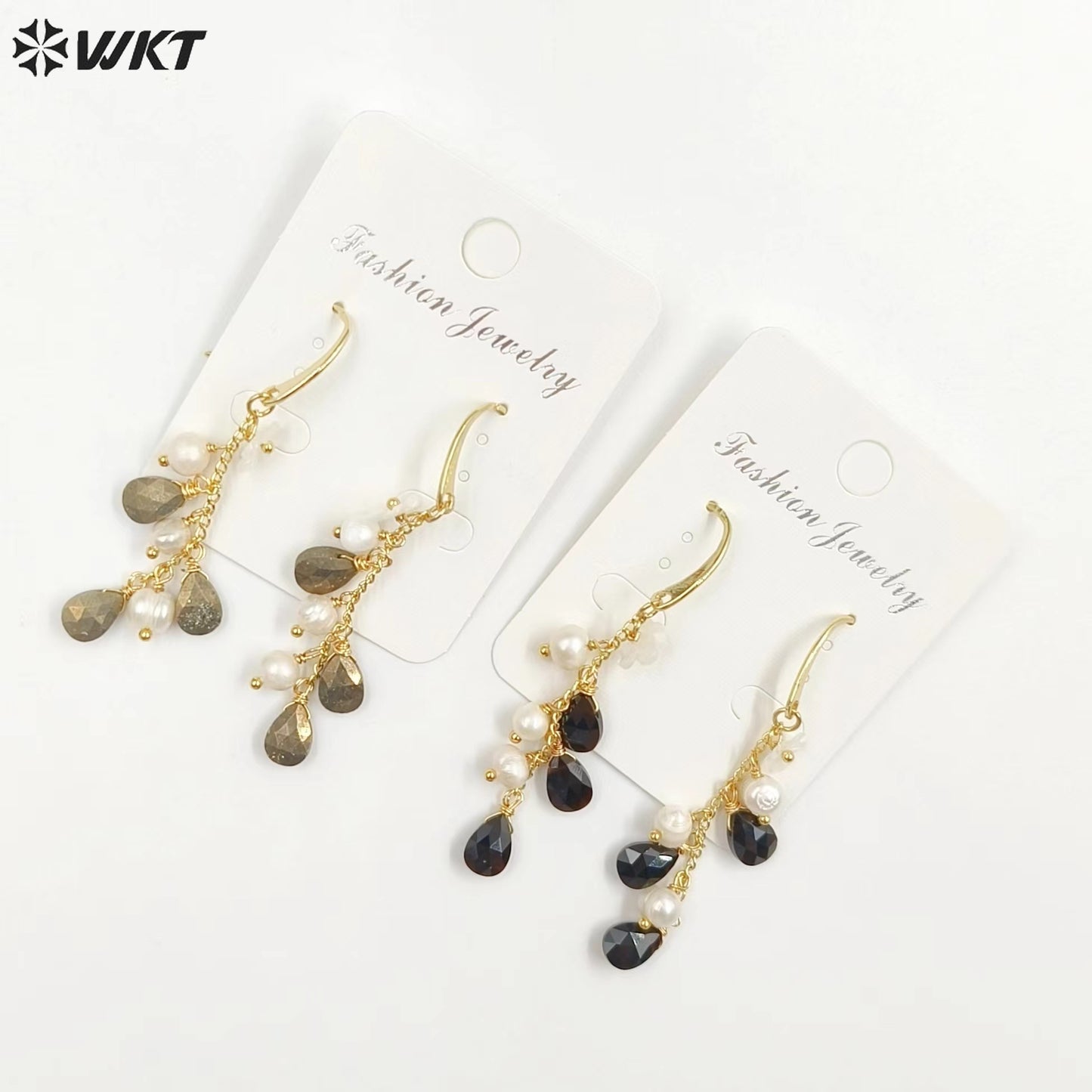 WT-MPE109 Bohemia Regular Natural Pearl and Stone 18k Gold Plated Gift for Women Weeding 62mm Romantic Pendant Earrings