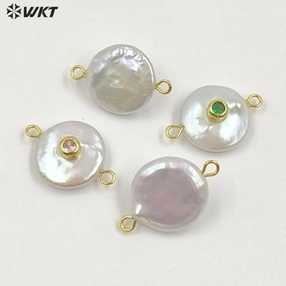 WT-JP252 WKT NEW Natural Freshwater Pearl Cross Pendant Fashion Gold Simple Cz Charm Double Loops Connector As Jewelry Findings