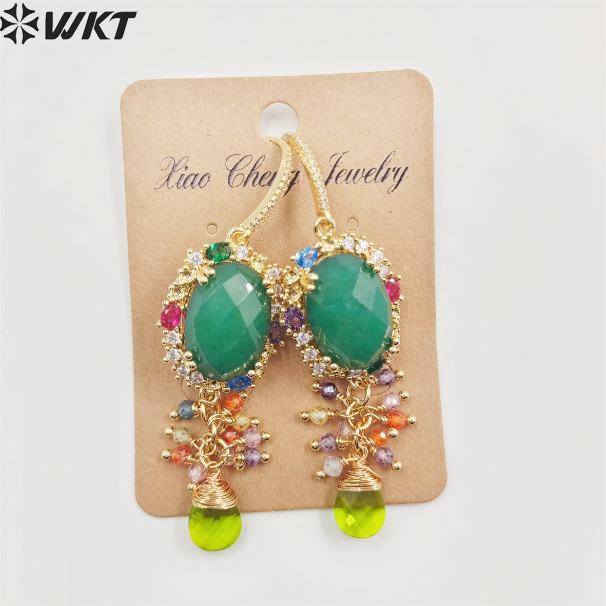 WT-E705 Charming Lady Colorful Handmade Dangling Hoops with Natural Gemstone Cubic Zircon Decorative Stone Earrings