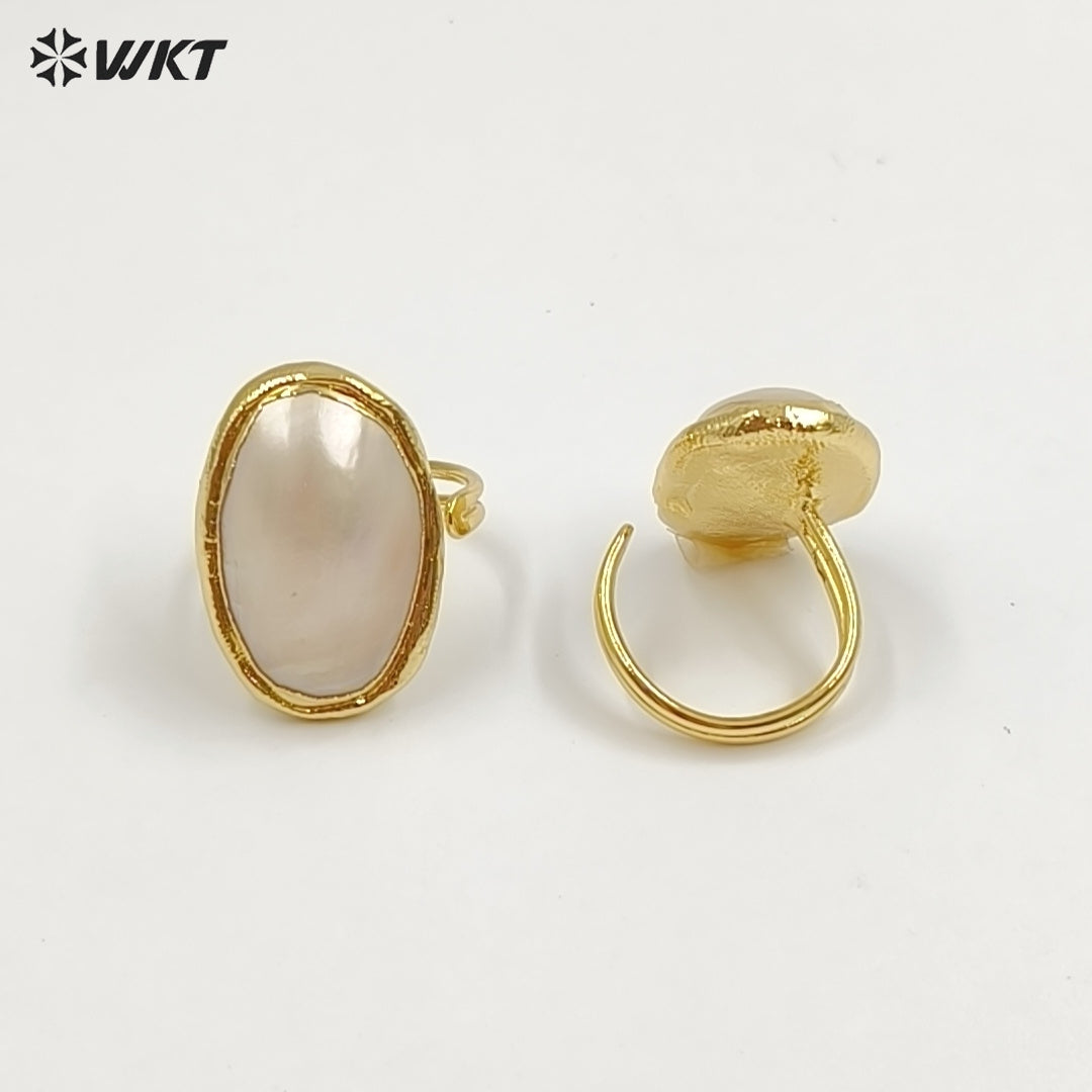 WT-MPR112 New Arrivals High Quality 18K Gold Plated Unisex Oval Adjustable Pink and White Large Mabe Shell Ring As Special Gift