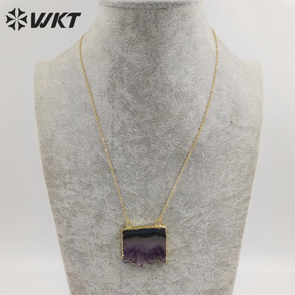 WT-N123 Hot Fashion Gold Slice Amethyst Stone Pendant Necklace High Quality Natural Brazil Druzy Amethyst Stone Necklace