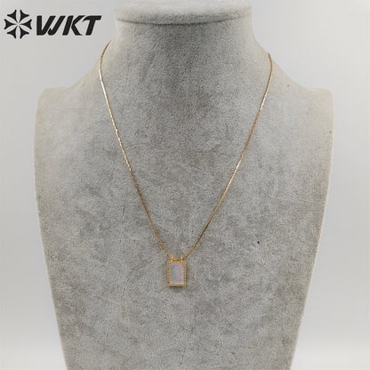 WT-JN214 WKT Newest Exclusive Tiny Long Square Natural Shell Necklace Lady Simple Micropaved Cubic Zircon Shell Necklace