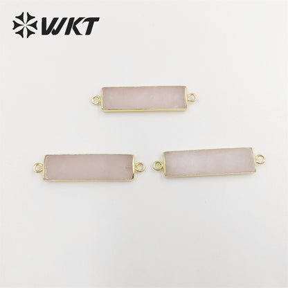 WT-C310 Amazing Fashion Double Loops Gold Plated Long Straight bar Connectors Lady Natural Rose Quartz Stone Jewelry Connector